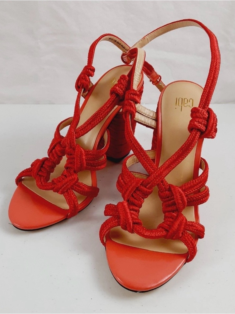 CAbi Tiptoe Sandals Sz 9 M Red Ankle Strap Block Heel Open Toe Knot - Picture 2 of 11